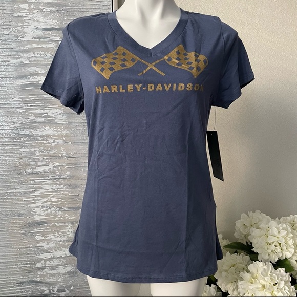 Harley-Davidson Women's Retro Race Flag V-Neck Tee Size L - Picture 1 of 14